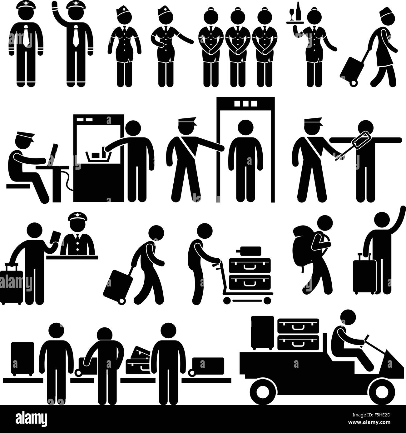 Pictogrammes de sécurité et les travailleurs de l'aéroport Illustration de Vecteur