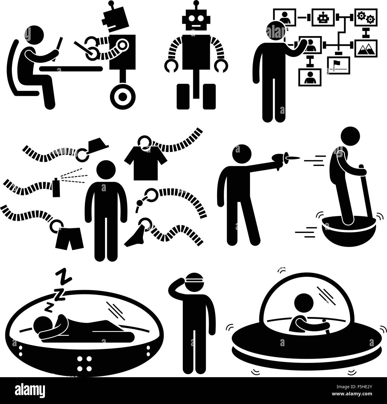 Les gens de l'avenir de la technologie du robot Stick Figure Icône pictogramme Illustration de Vecteur