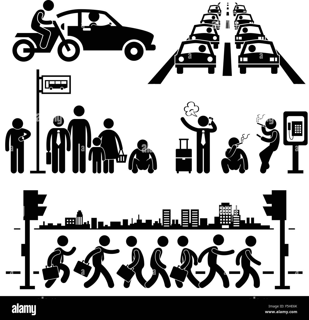 La vie urbaine trépidante de la ville métropolitaine de trafic aux heures de pointe de la rue animée homme Stick Figure Icône pictogramme Illustration de Vecteur