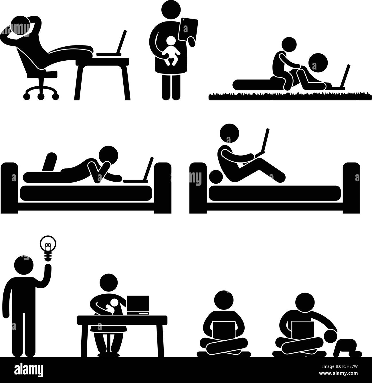 Travailler de chez soi vie Liberté Bureau Stick Figure Icône pictogramme Illustration de Vecteur