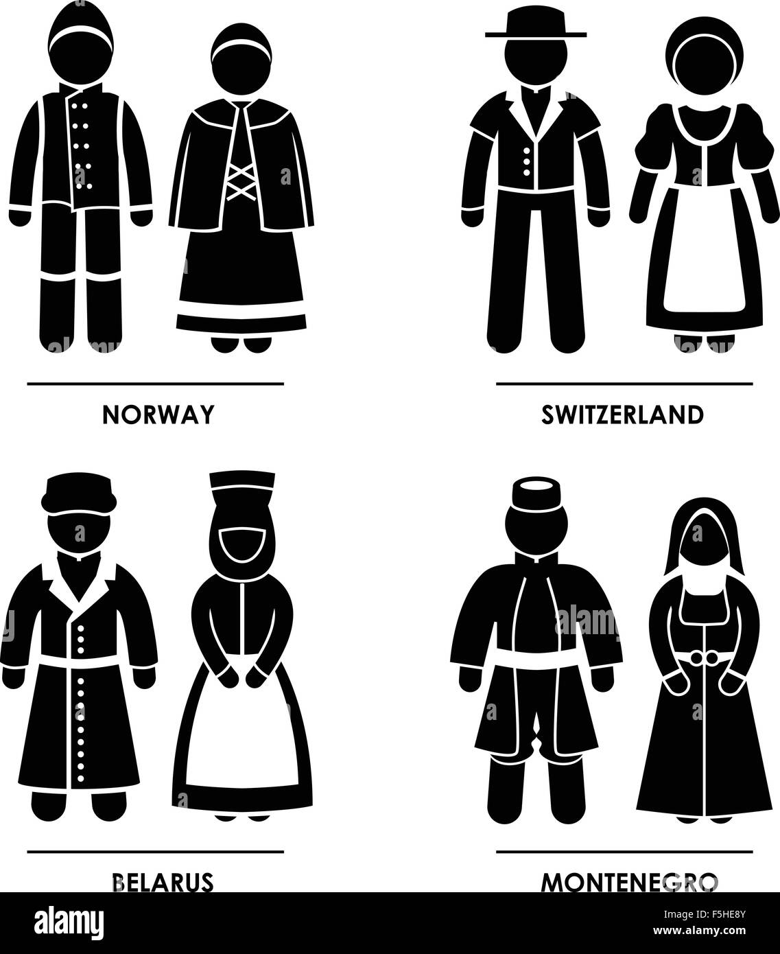 Europe - Norvège Suisse Biélorussie Monténégro Homme Femme Vêtements Robe Costume traditionnel National Symbole Icône Pictogramme signe Illustration de Vecteur