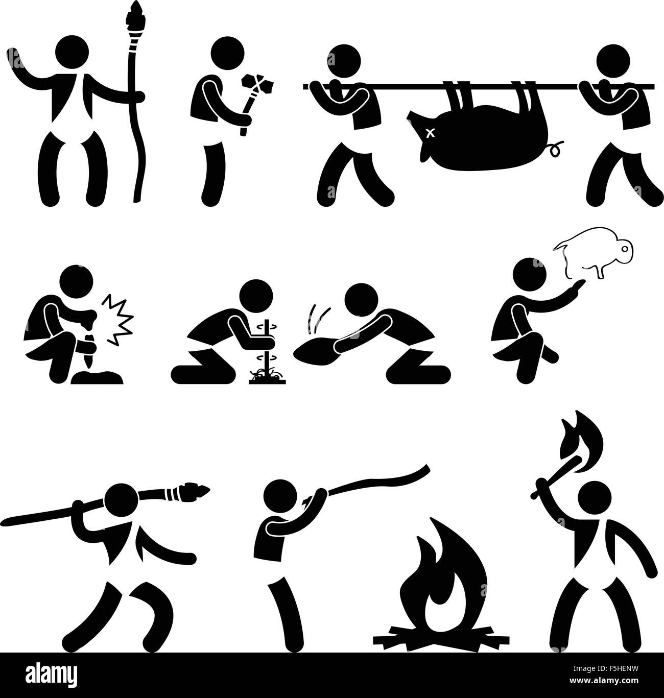 Homme des cavernes préhistoriques ancienne primitifs à l'aide de l'outil de l'icône et de l'équipement pictogramme signe Symbole Illustration de Vecteur