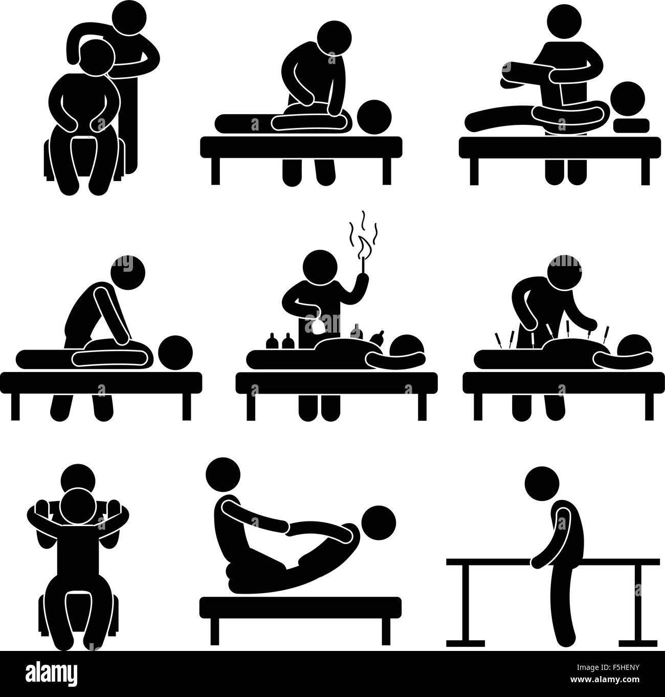 Massage Acupuncture Physiothérapie chiropratique Traitement médical santé Réadaptation signe Icône Pictogramme Symbole Illustration de Vecteur