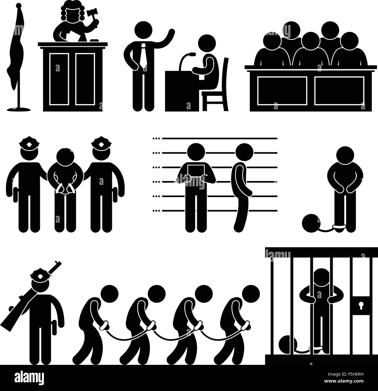 La Loi juge de cour de Prison Prison avocat criminel Jury Pictogramme signe symbole icône Illustration de Vecteur
