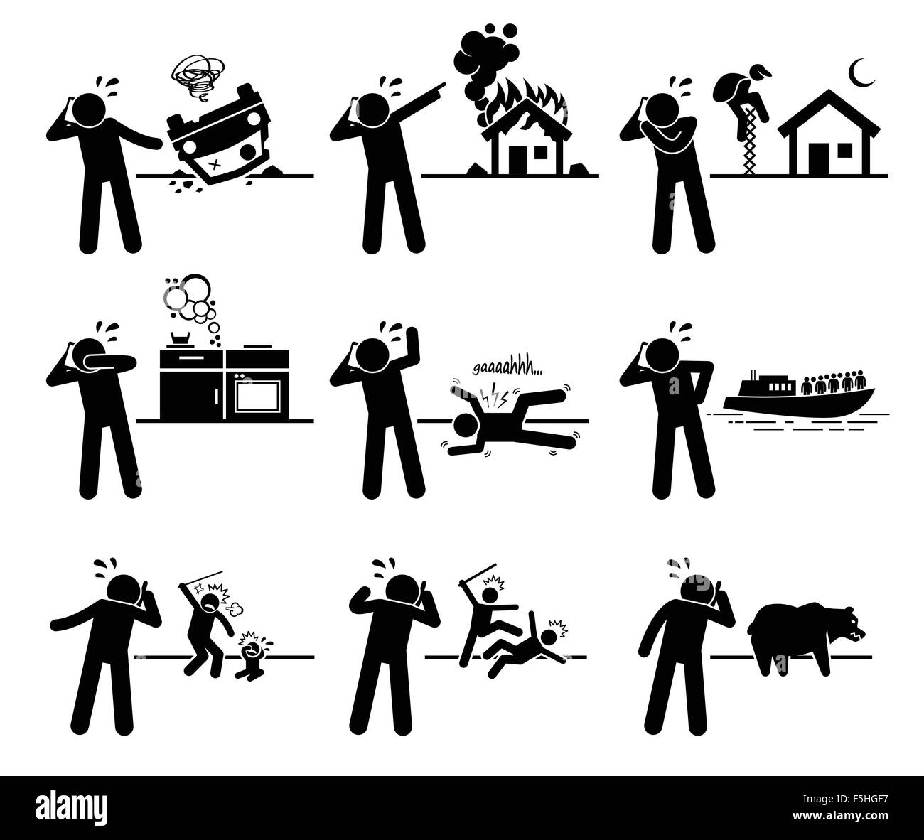 Appel d'urgence appelant l'homme à Téléphone pour accident de la route, incendie, vol, fuite de gaz, Poison, problème médical, la violence envers les enfants de la Garde côtière canadienne Illustration de Vecteur