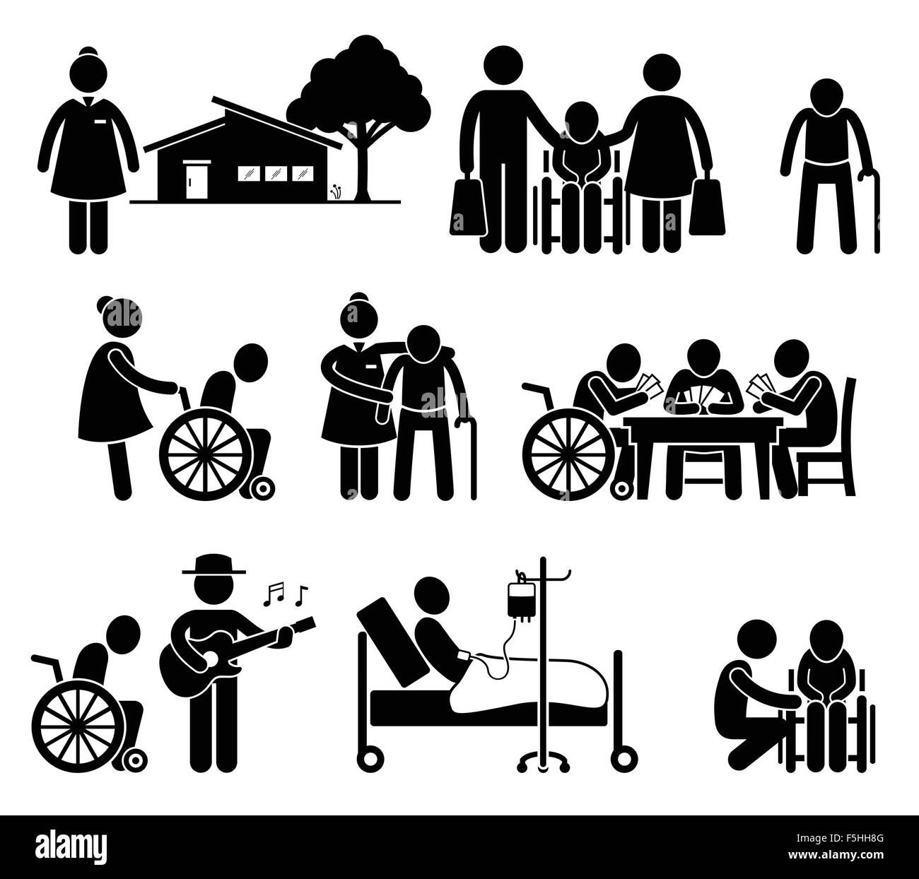 Personnes âgées Soins infirmiers Soins à domicile pour personnes âgées Centre de la retraite les pictogrammes Illustration de Vecteur