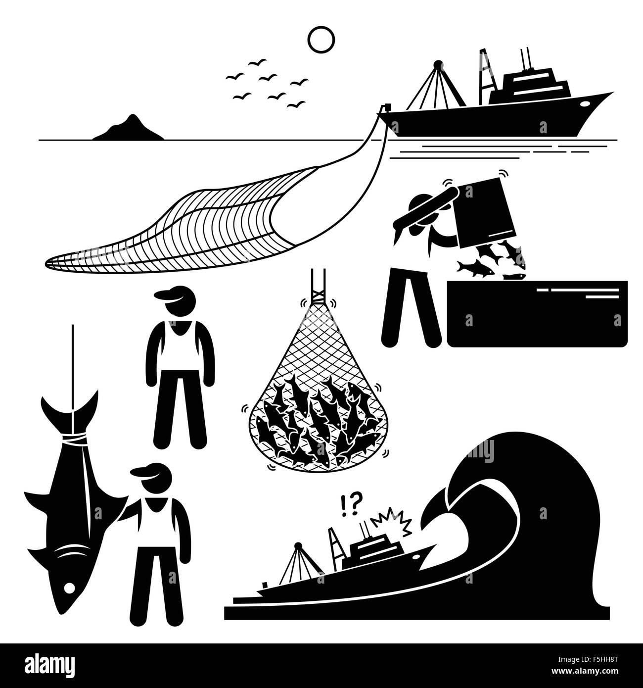 Groupe de travail sur l'industrie de la pêche pêcheur au niveau industriel dans un grand bateau. Illustration de Vecteur