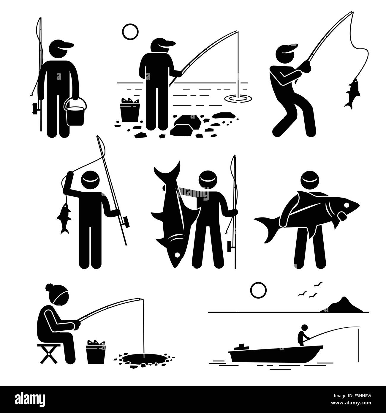 Pêche à l'homme grand et petit poisson en rivière, lac, la glace et la mer avec petit bateau pour les loisirs. Illustration de Vecteur
