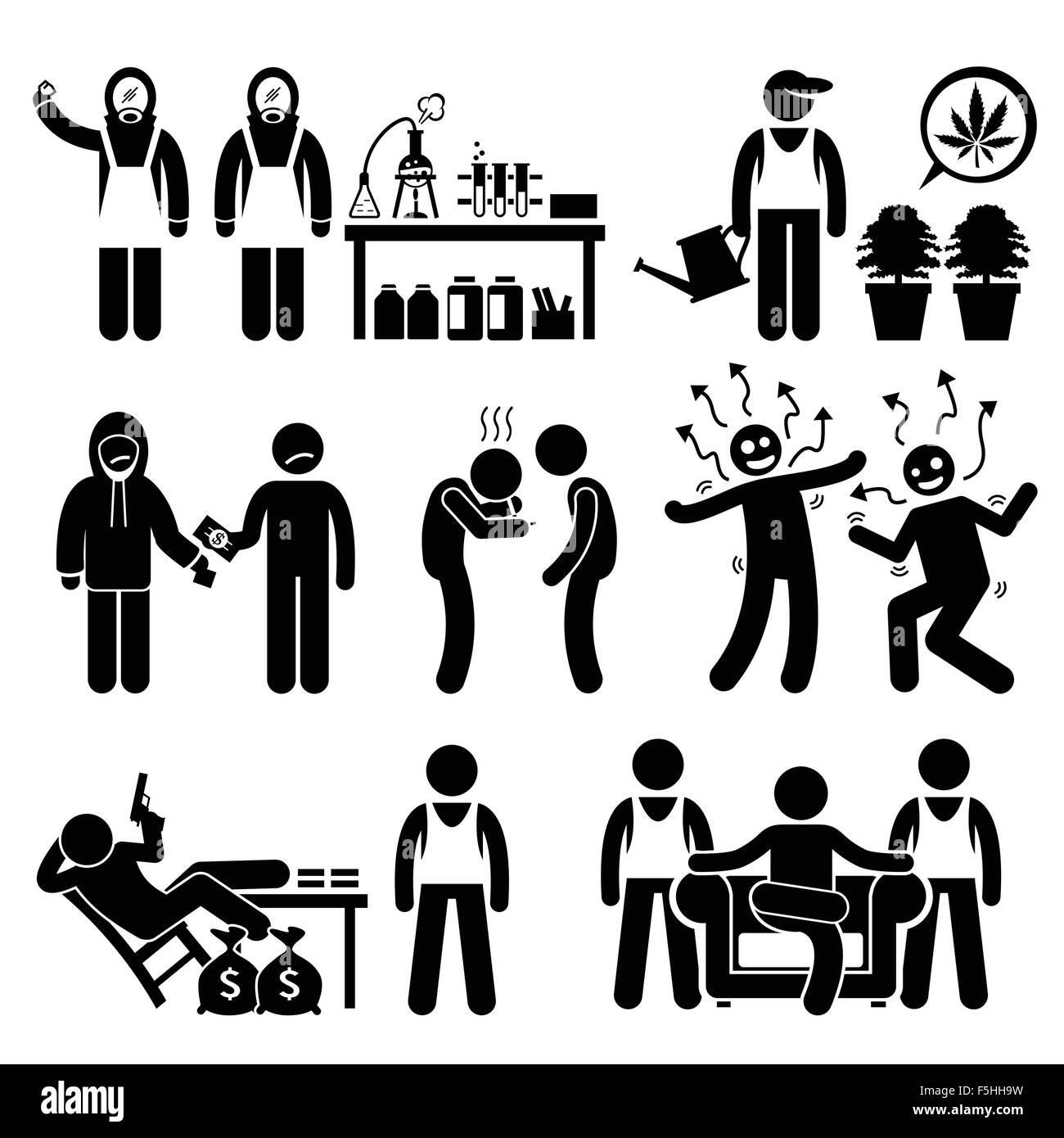Cuisson de la drogue illégale pharmacie Syndicat d'Icônes Pictogramme Stick Figure de Bandit Illustration de Vecteur