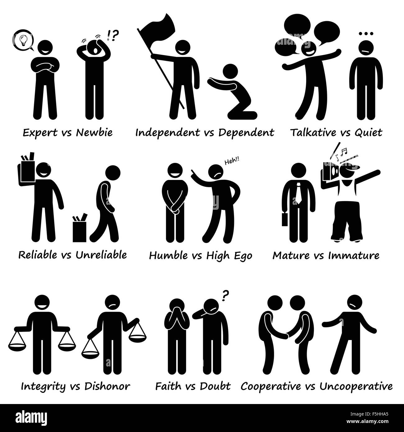 En face de l'vs positive du comportement des traits de caractère négatifs Stick Figure Icônes pictogramme Illustration de Vecteur