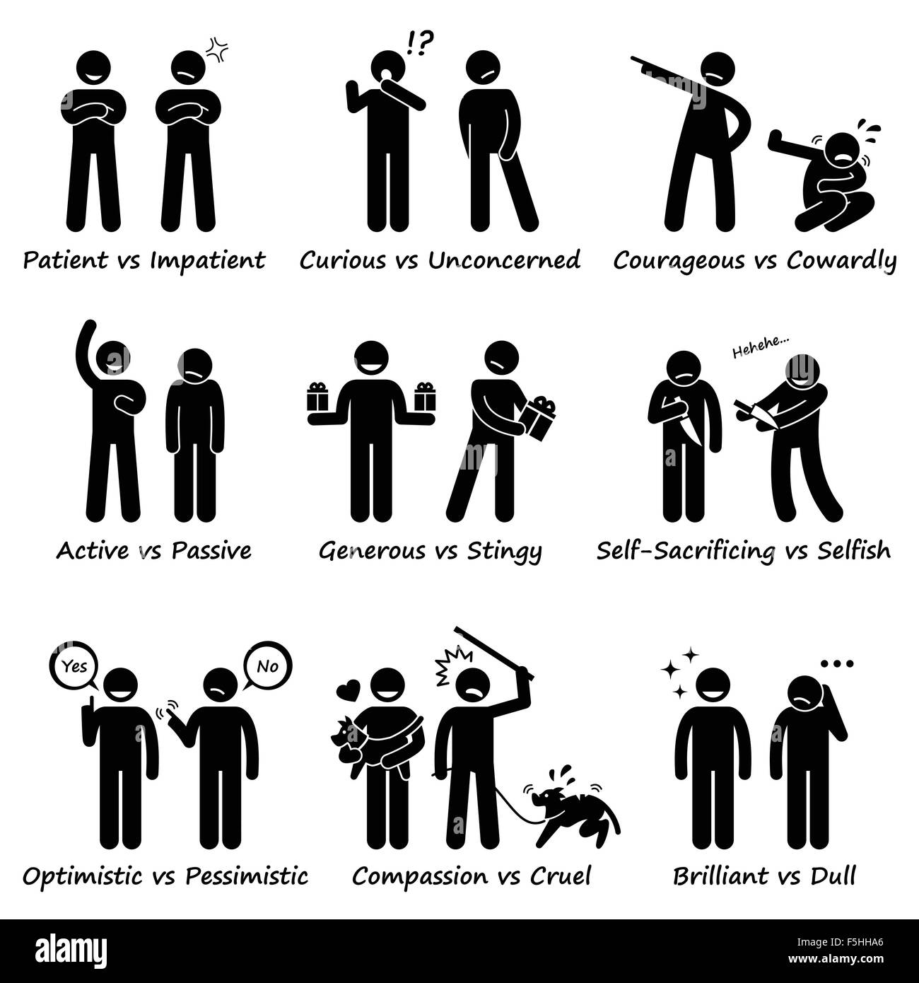 Les personnalités humaines positives valeurs opposées vs Stick Figure négative icônes pictogramme Illustration de Vecteur