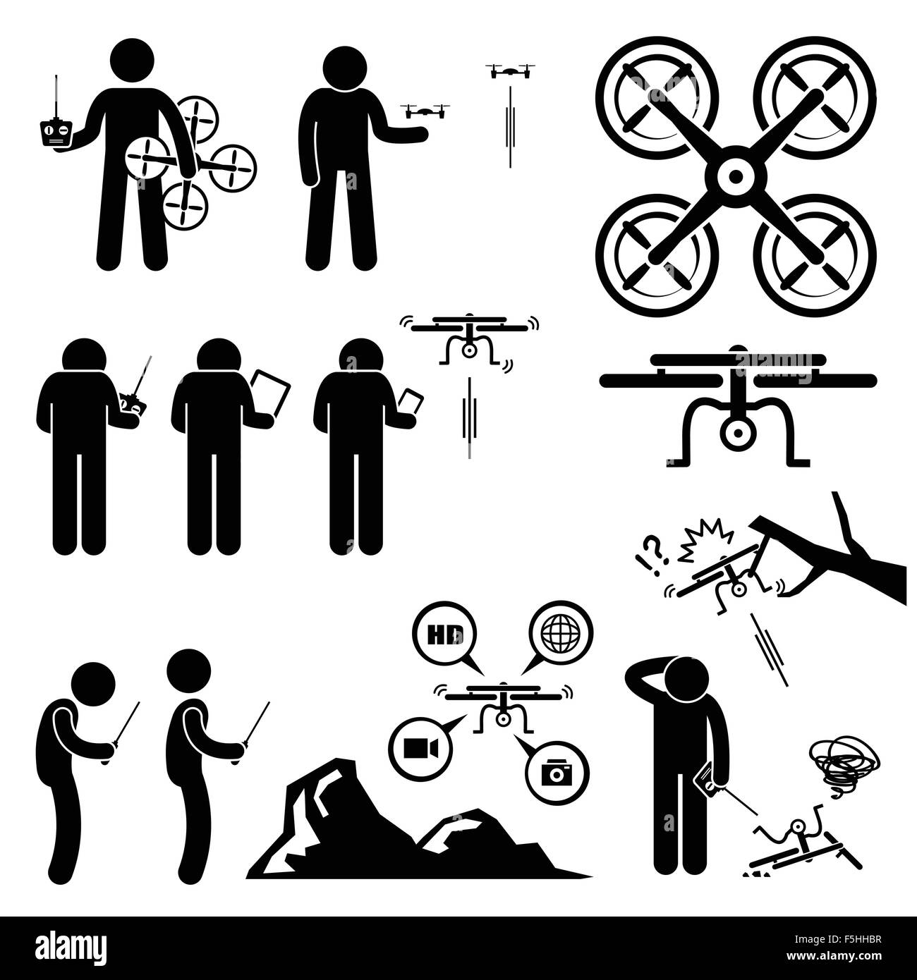 Contrôle de l'homme battant Drone Quadcopter Stick Figure Icônes pictogramme Illustration de Vecteur