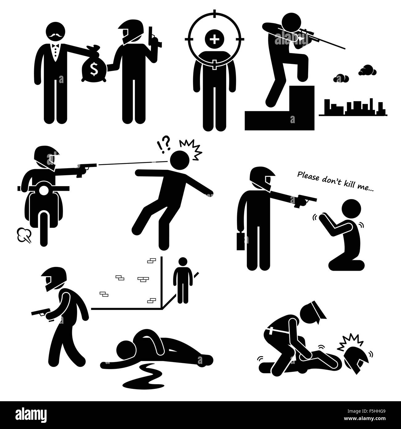 Hitman assassinat Meurtre Killer tueur Stick Figure Icônes pictogramme Illustration de Vecteur