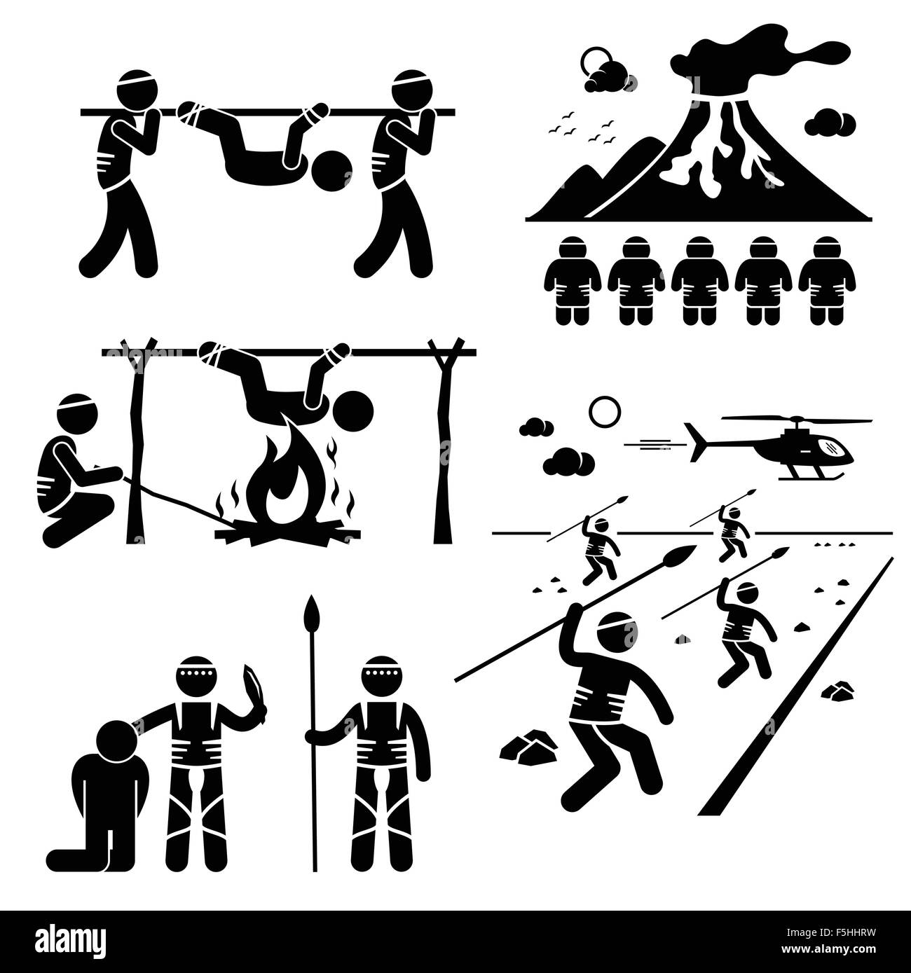 Civilisation perdue Cannibal Man Eating Tribu Stick Figure Icônes pictogramme Illustration de Vecteur