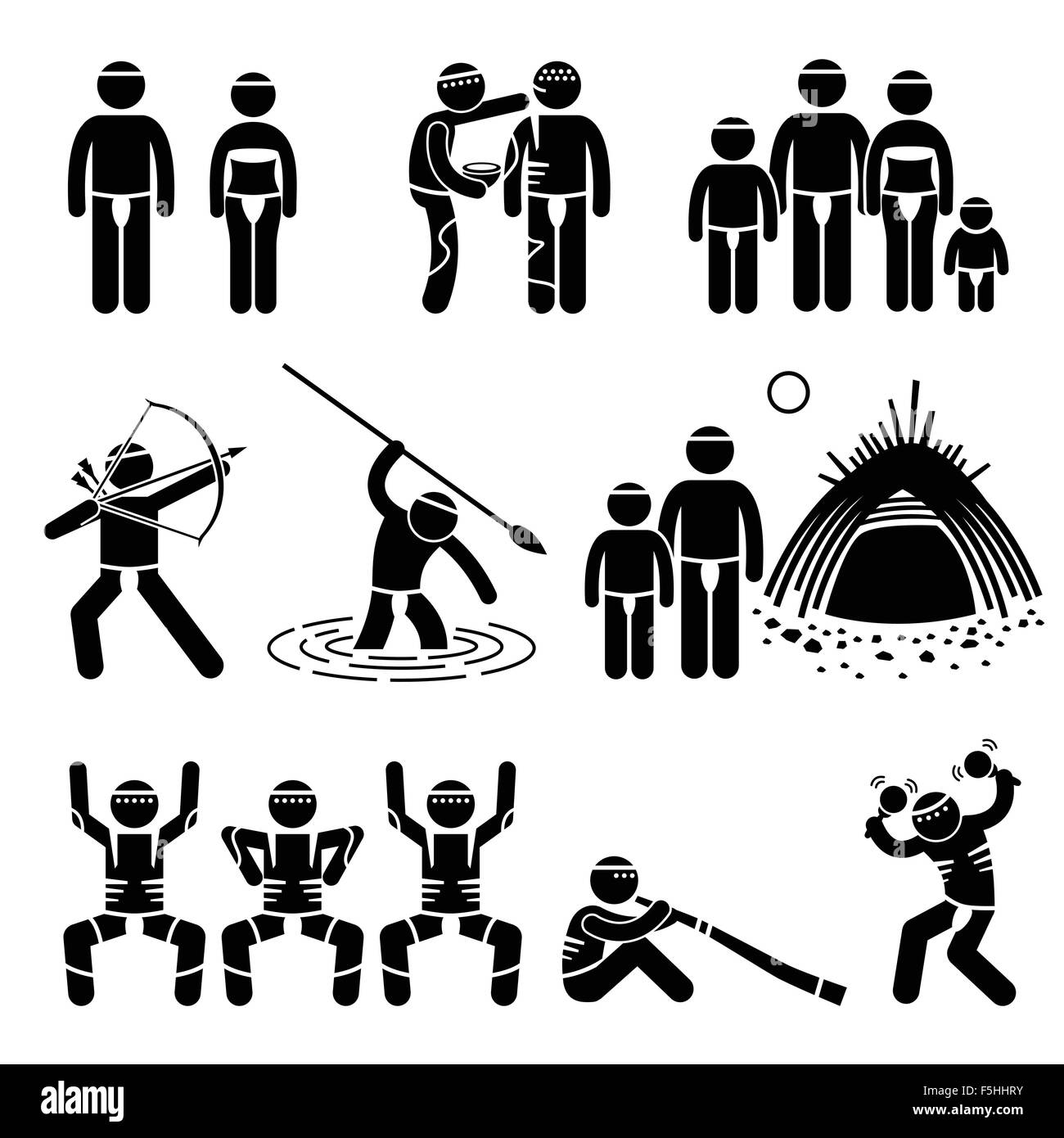 Les populations indigènes de la tribu autochtones Culture et Tradition Stick Figure Icônes pictogramme Illustration de Vecteur