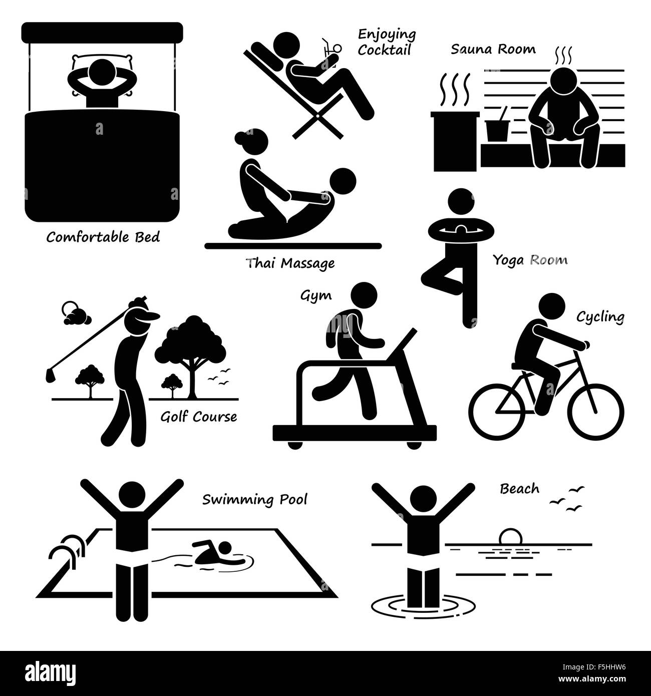 Resort Villa Hôtel Vacances Locations de l'activité touristique Stick Figure Icônes pictogramme Illustration de Vecteur