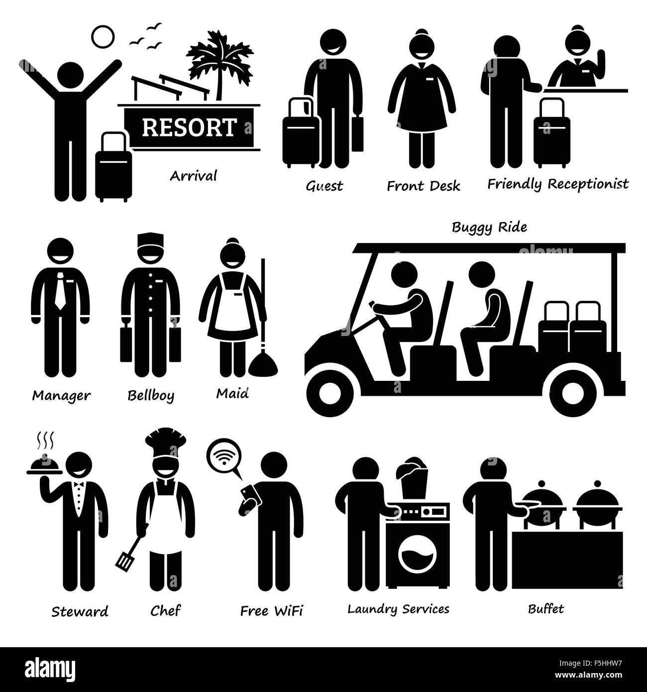 Hotel Resort Villa Travailleur touristiques et services Stick Figure Icônes pictogramme Illustration de Vecteur