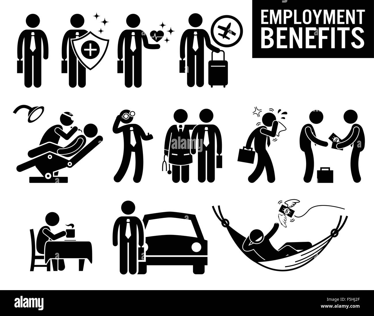 Offres d'emploi de travailleurs Stick Figure Avantages Icônes pictogramme Illustration de Vecteur