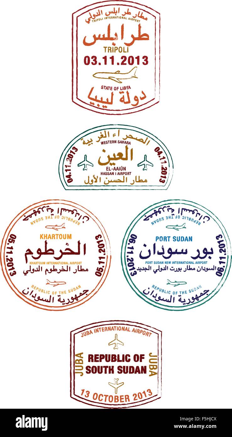 Timbres de Passeport stylisé de la Libye, au Sahara Occidental, au Soudan et au Soudan du Sud en format vectoriel. Illustration de Vecteur