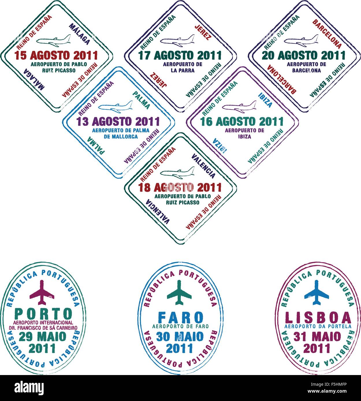 Timbres de Passeport portugais et espagnols dans le vector. Illustration de Vecteur