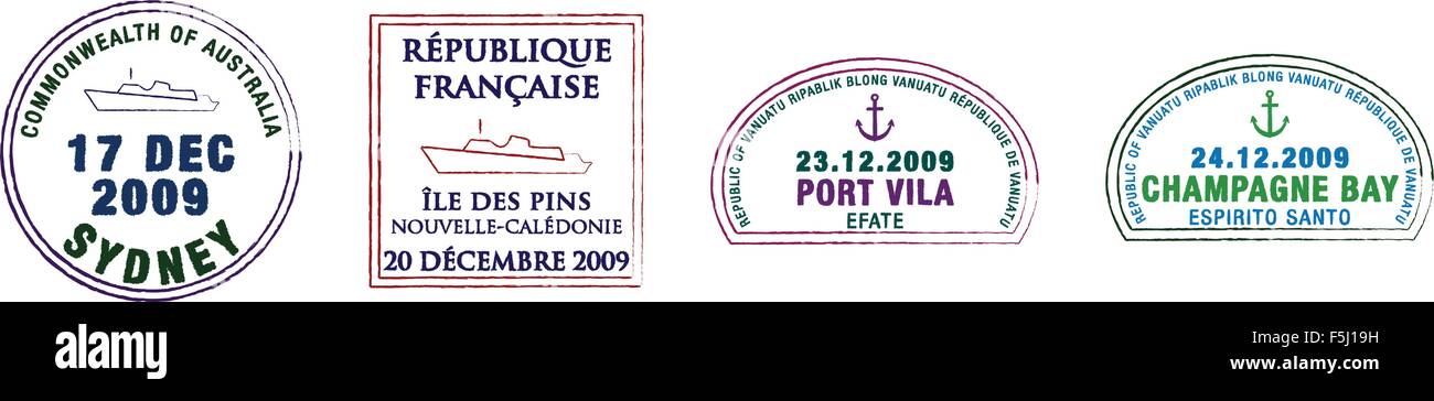 Sydney stylisé, le Vanuatu et la Nouvelle Calédonie timbres de passeport Illustration de Vecteur