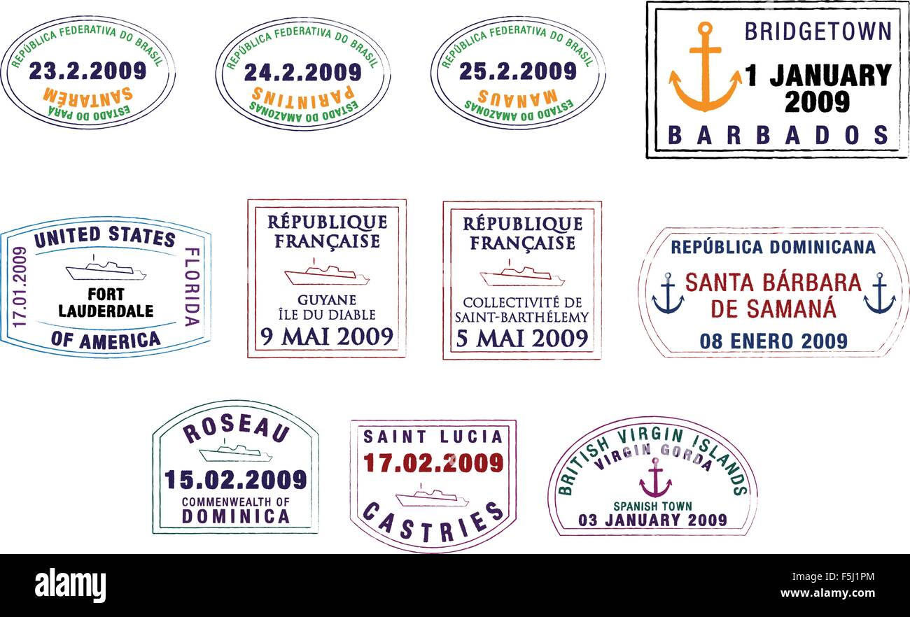 Une collection de vecteur stylisé de l'Amérique du Sud et Caraïbes passport stamps sur un fond blanc. Illustration de Vecteur