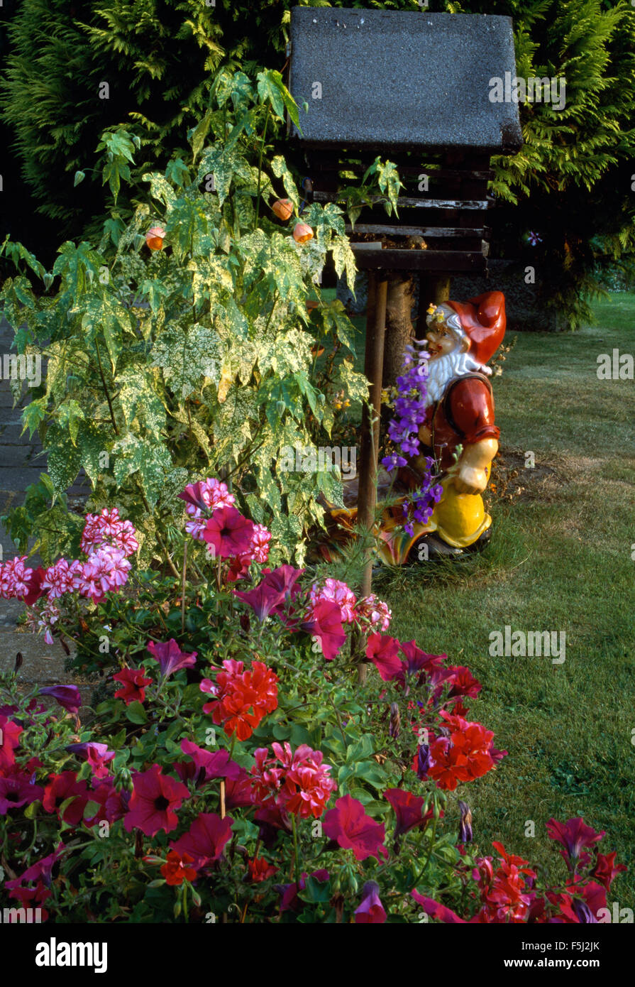 Nain de jardin à côté de frontière avec rose et rouge pélargonium pétunias et Banque D'Images