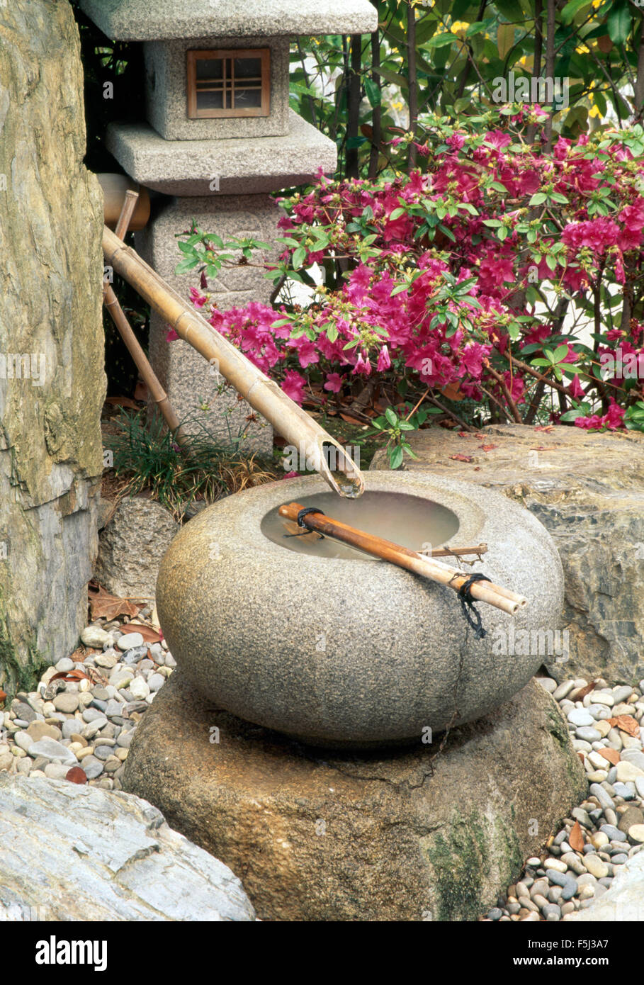 Close-up of a Japanese style pipe du bambou et pierre circulaire de la cuvette d'eau à côté d'une lanterne de pierre japonais Banque D'Images