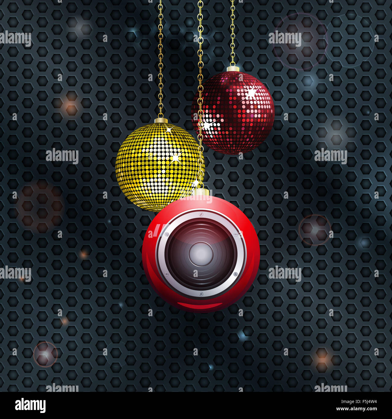 Boules de Noël avec haut-parleur et boule disco sur fond de miel brillant Banque D'Images