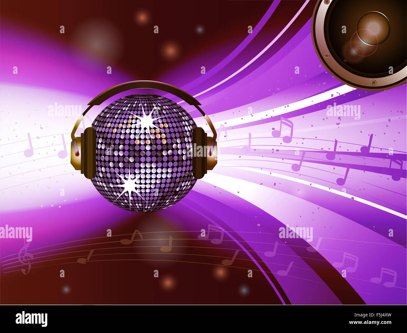 Boule disco rose avec haut-parleur et casque rose sur fond lumineux Banque D'Images