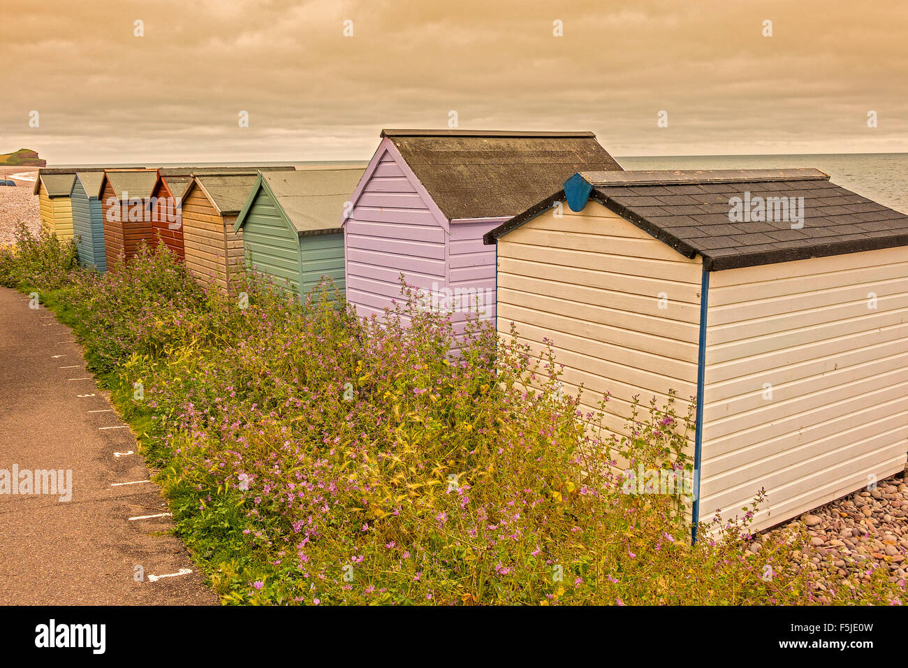 Une rangée de cabanes de plage East Budleigh Salterton Devon UK Banque D'Images