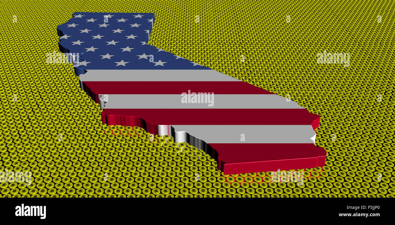 Californie carte drapeau sur golden dollars coins illustration Banque D'Images