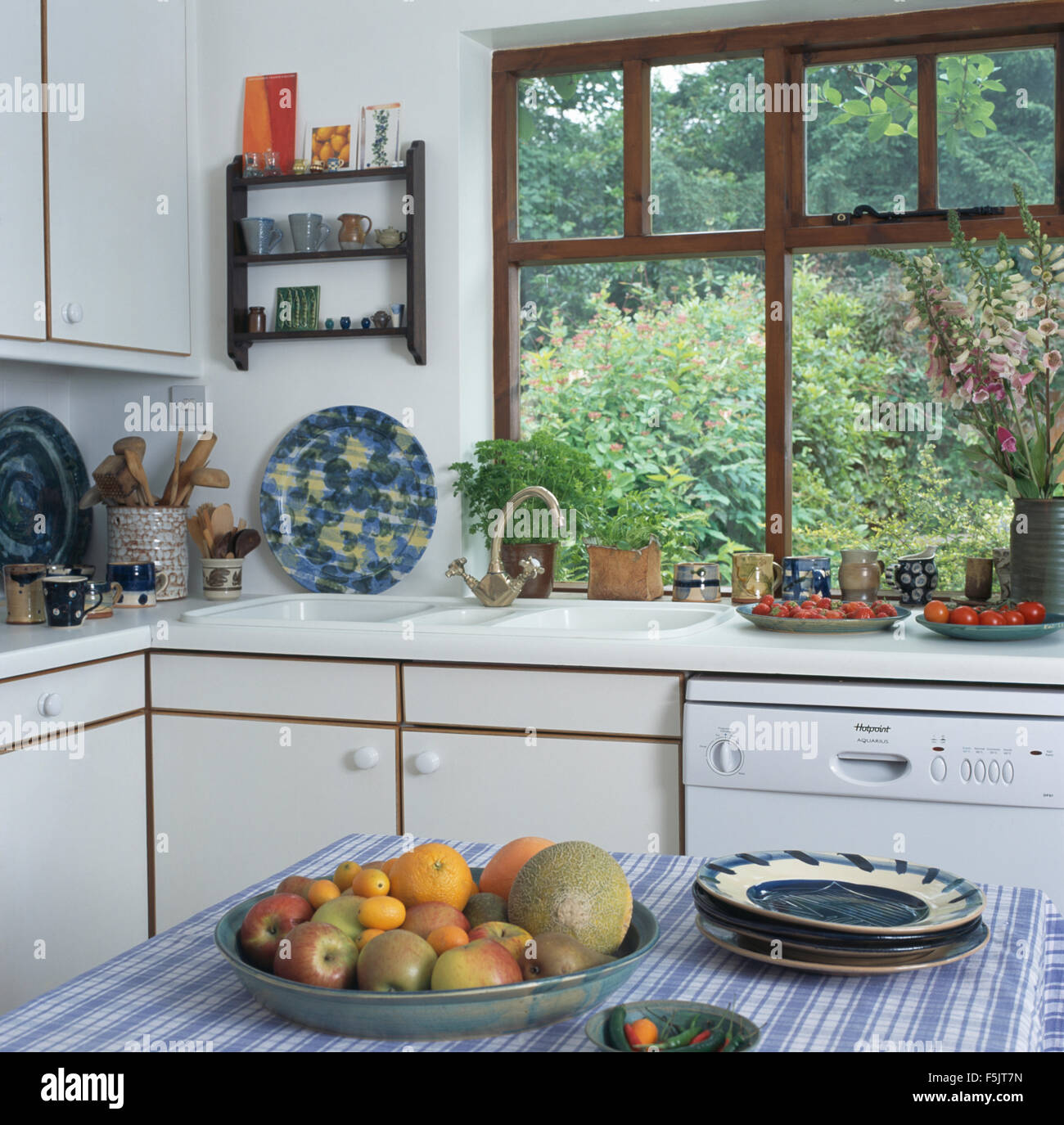 Bol de fruits sur la table en blanc 90 cuisine avec vue sur le jardin à travers la vitre au-dessus de l'évier et lave-vaisselle Banque D'Images