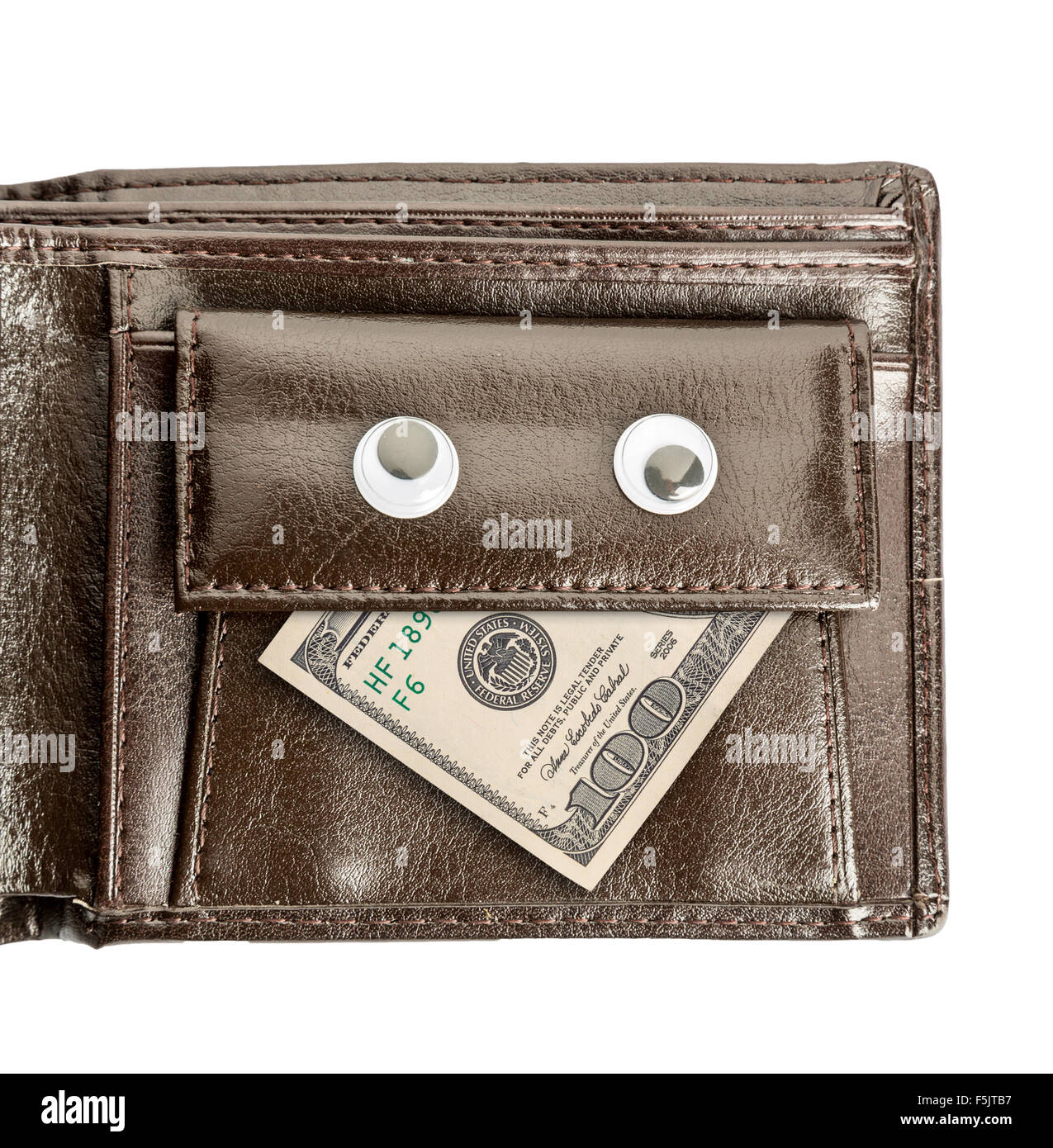 Etui en cuir avec face de dollars et yeux isolated on white Banque D'Images