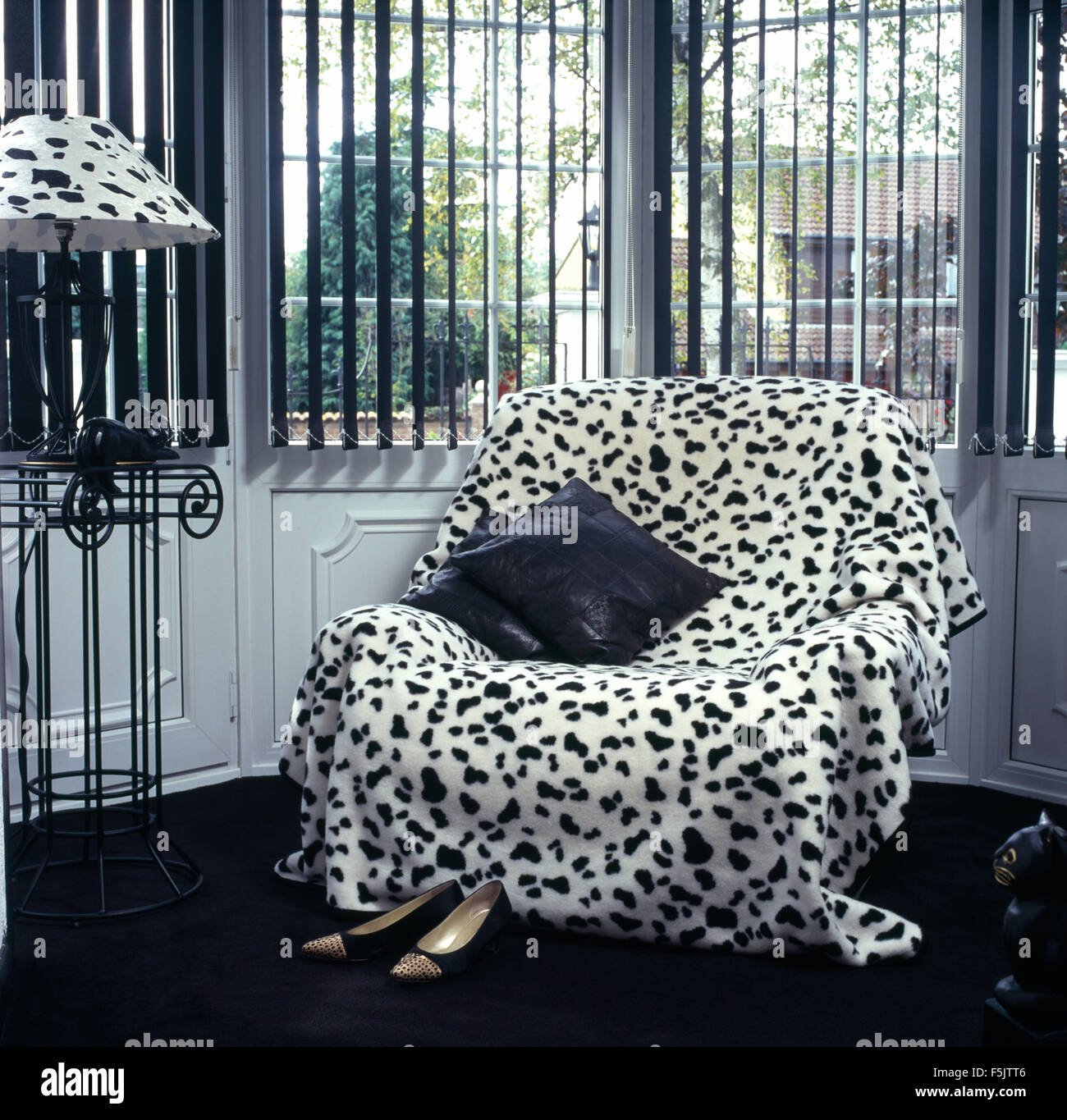 Chien dalmatien imprimé jeter sur un fauteuil en face de fenêtre avec store vénitien noir dans un noir +salon blanc années 90 Banque D'Images