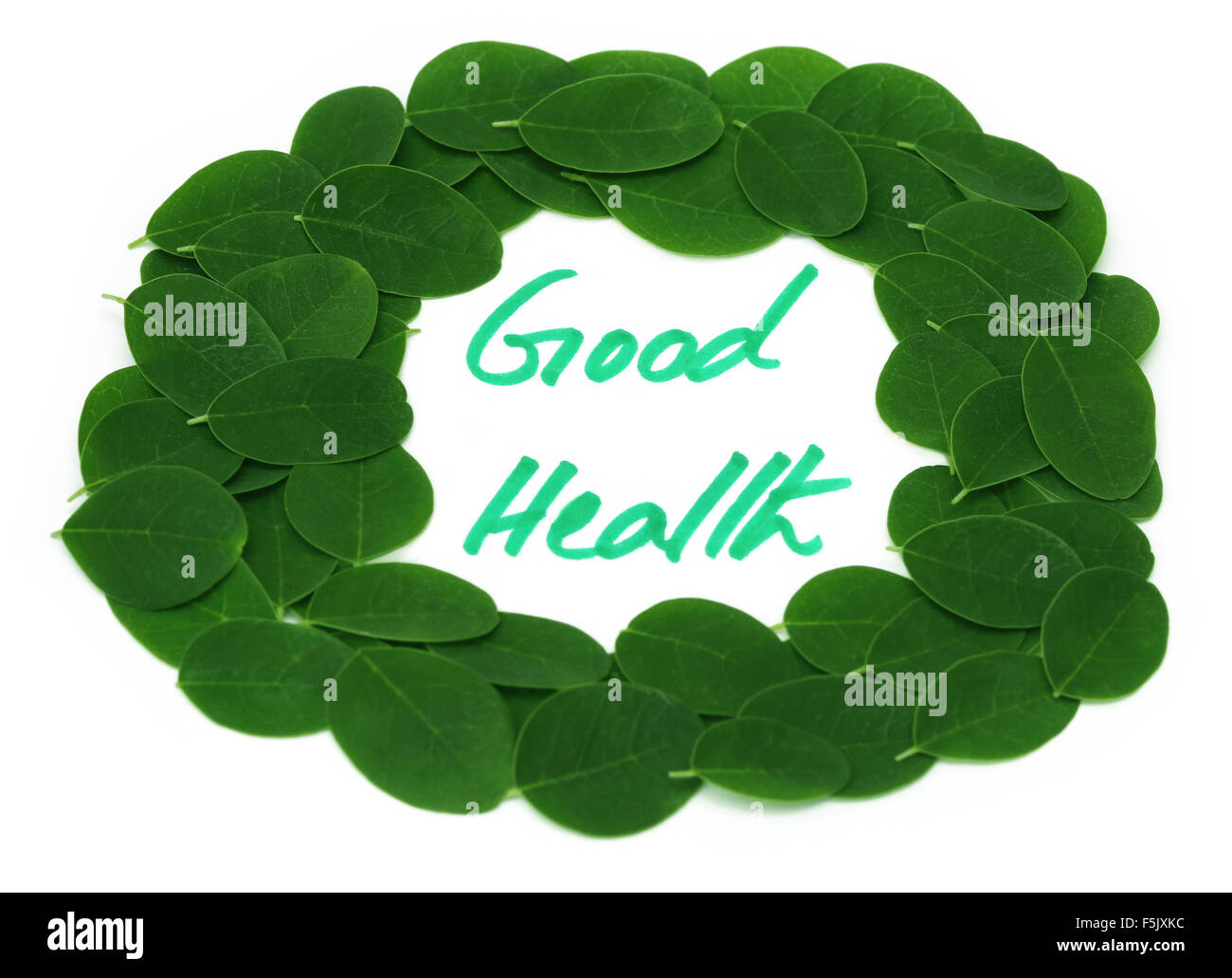 Une bonne santé écrit dans les feuilles de Moringa châssis sur fond blanc Banque D'Images