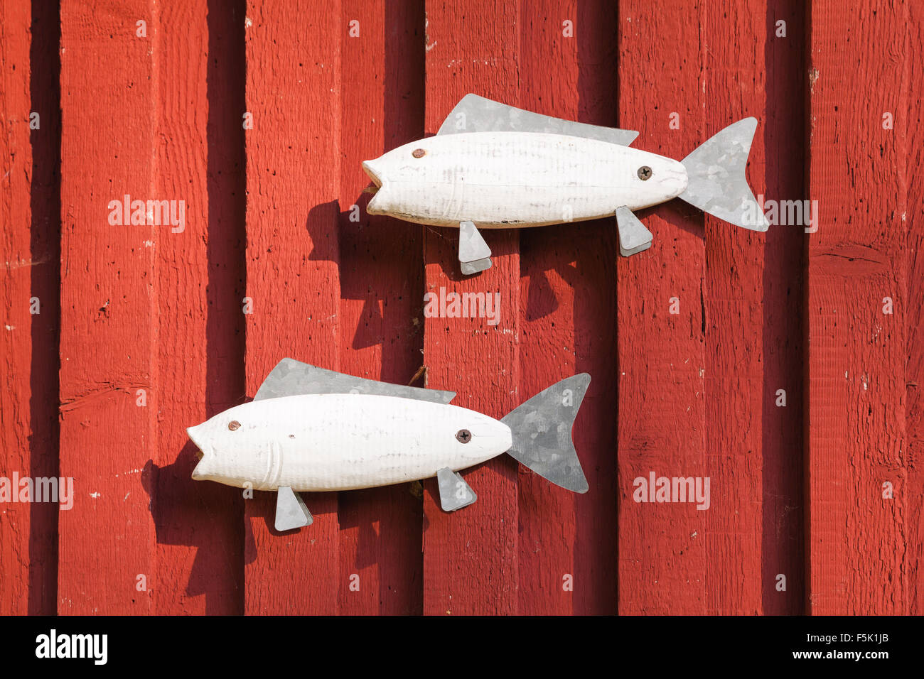 Décoration en bois scandinave, poissons blancs sur les mur de la maison rouge Banque D'Images