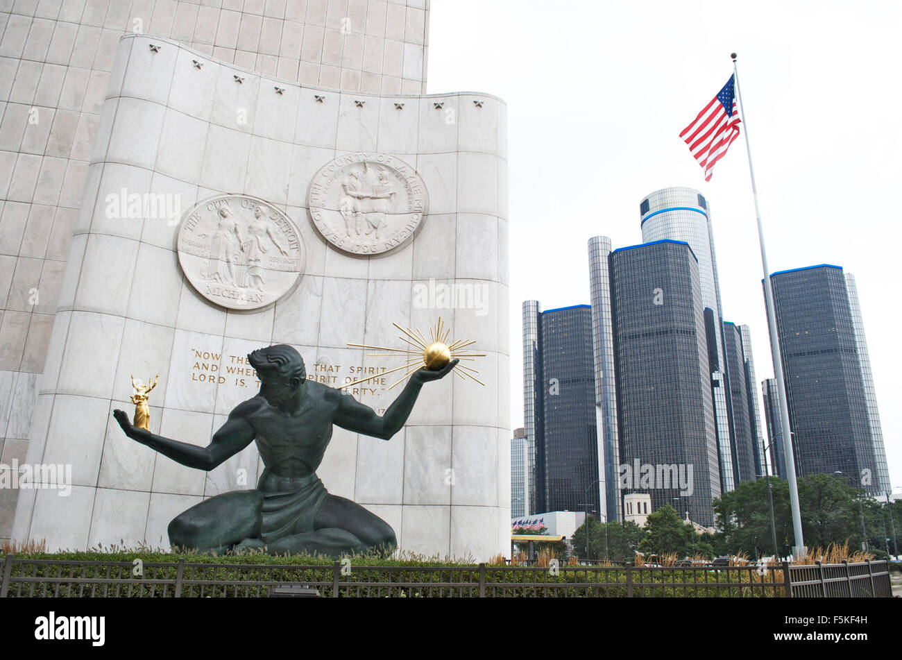 L'esprit de Detroit Statue et Coleman A. Young Building Banque D'Images