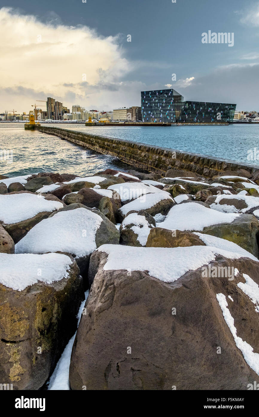 Port de Reykjavik et ville ville vue panoramique en hiver, l'Islande Banque D'Images