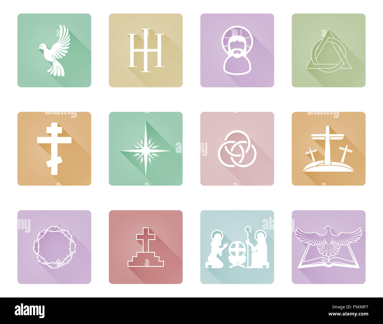 Un ensemble d'icônes et symboles chrétiens comme la colombe, croix et symboles de la trinité Banque D'Images