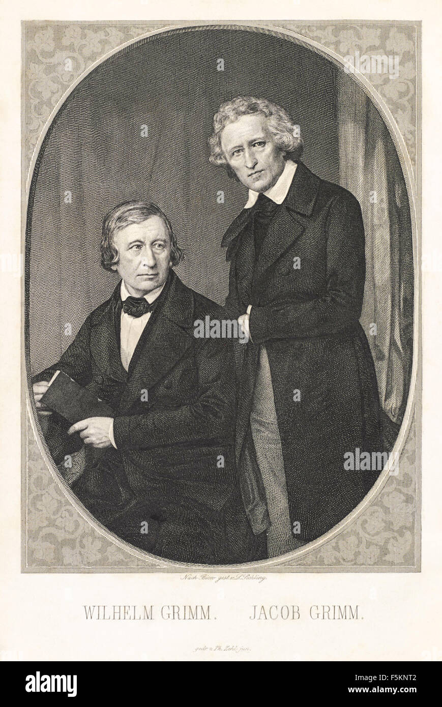 Portrait des frères Grimm, Wilhelm Grim (1786-1859) assis, Jacob Grimm (1785-1863), gravure sur acier par Sichling Lazare Gottlieb (1812-1863) d'une photographie prise en 1847. Voir la description pour plus d'informations. Banque D'Images