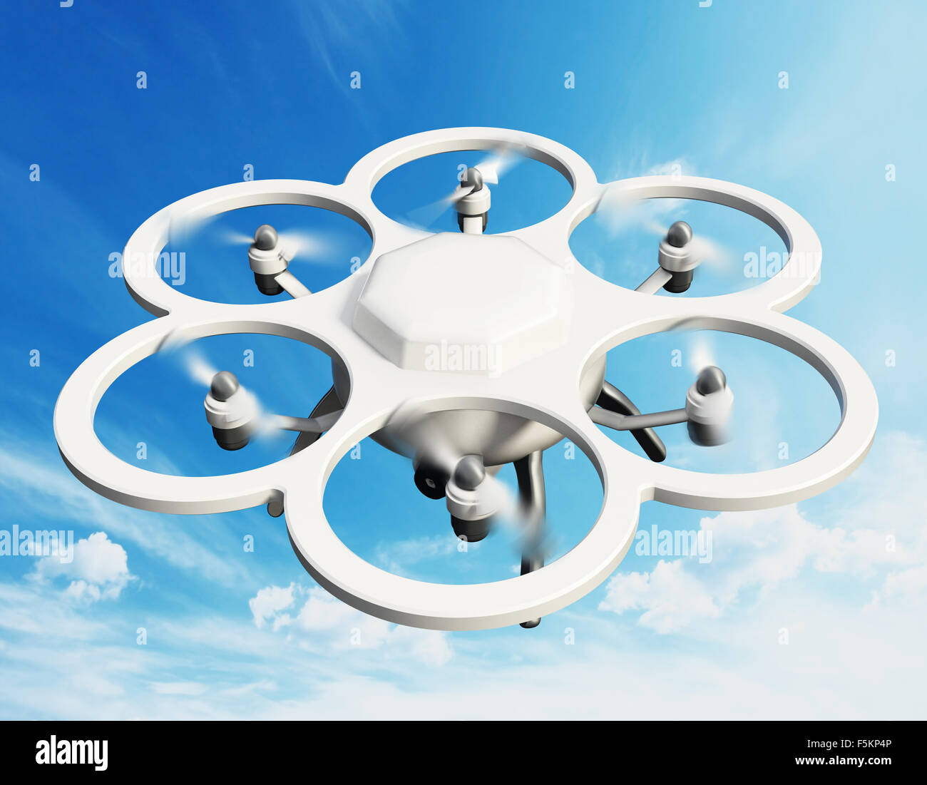Drone avec six hélices sur fond bleu Banque D'Images