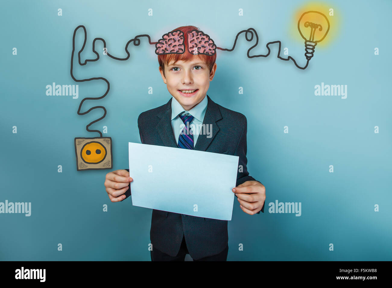 Teen boy businessman holding a white style d'affaires consolidé du pap Banque D'Images