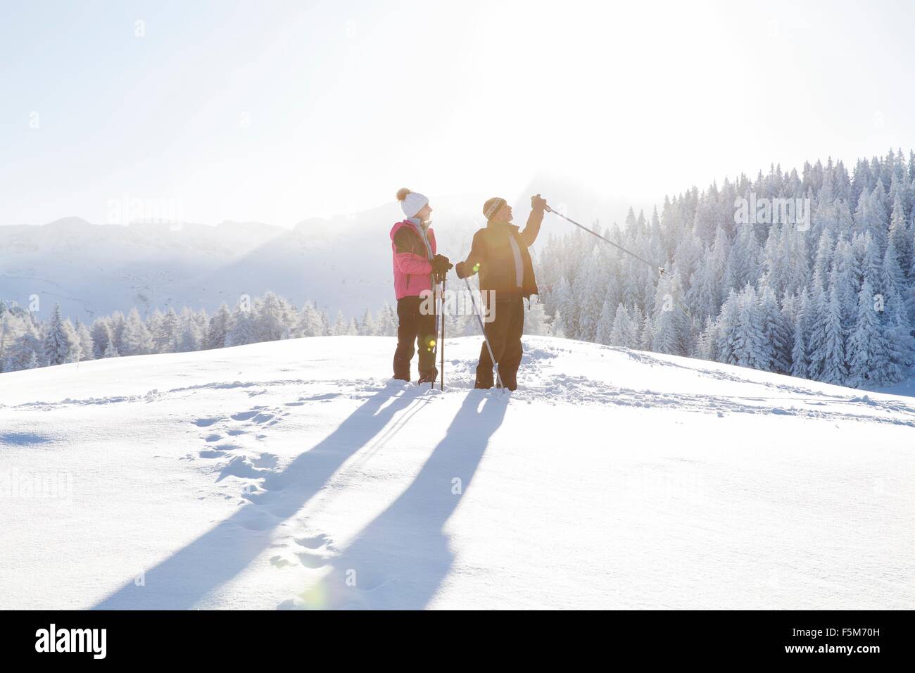 Senior couple on snow covered landscape holding walking looking away, Sattelbergalm, Tyrol, Autriche Banque D'Images