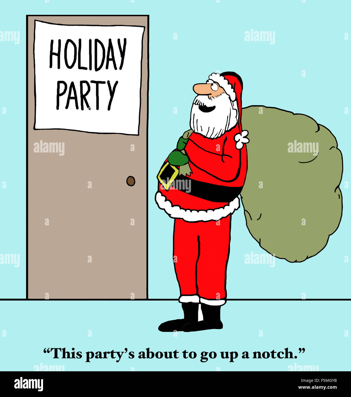 Dessin animé de Noël d'une "fête de Noël". Le Père Noël est sur le point d'entrer et dit "Ce parti est sur le point d'aller un cran plus loin". Banque D'Images