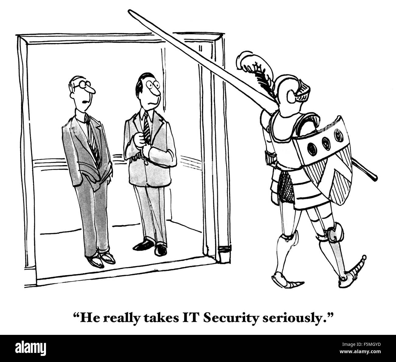Caricature de la technologie d'hommes regardant chevalier en armure, 'il a vraiment prendre la sécurité au sérieux". Banque D'Images