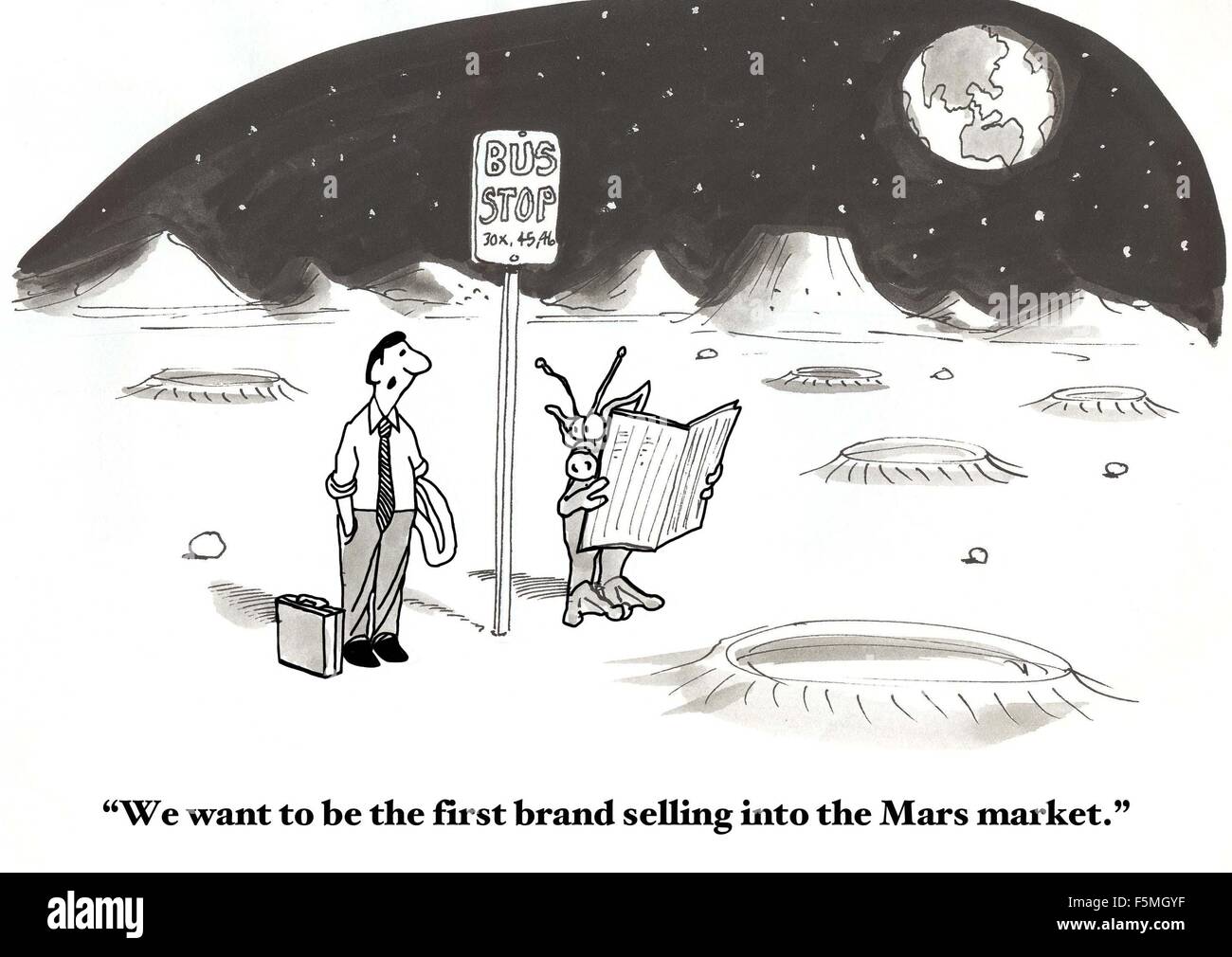 Caricature de l'homme d'affaires à parler martien, "Nous voulons être la première marque à vendre sur le marché de Mars'. Banque D'Images