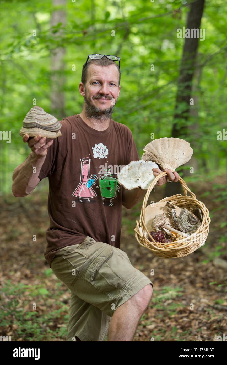 La chasse aux champignons dans les bois de la Caroline du Sud. Banque D'Images