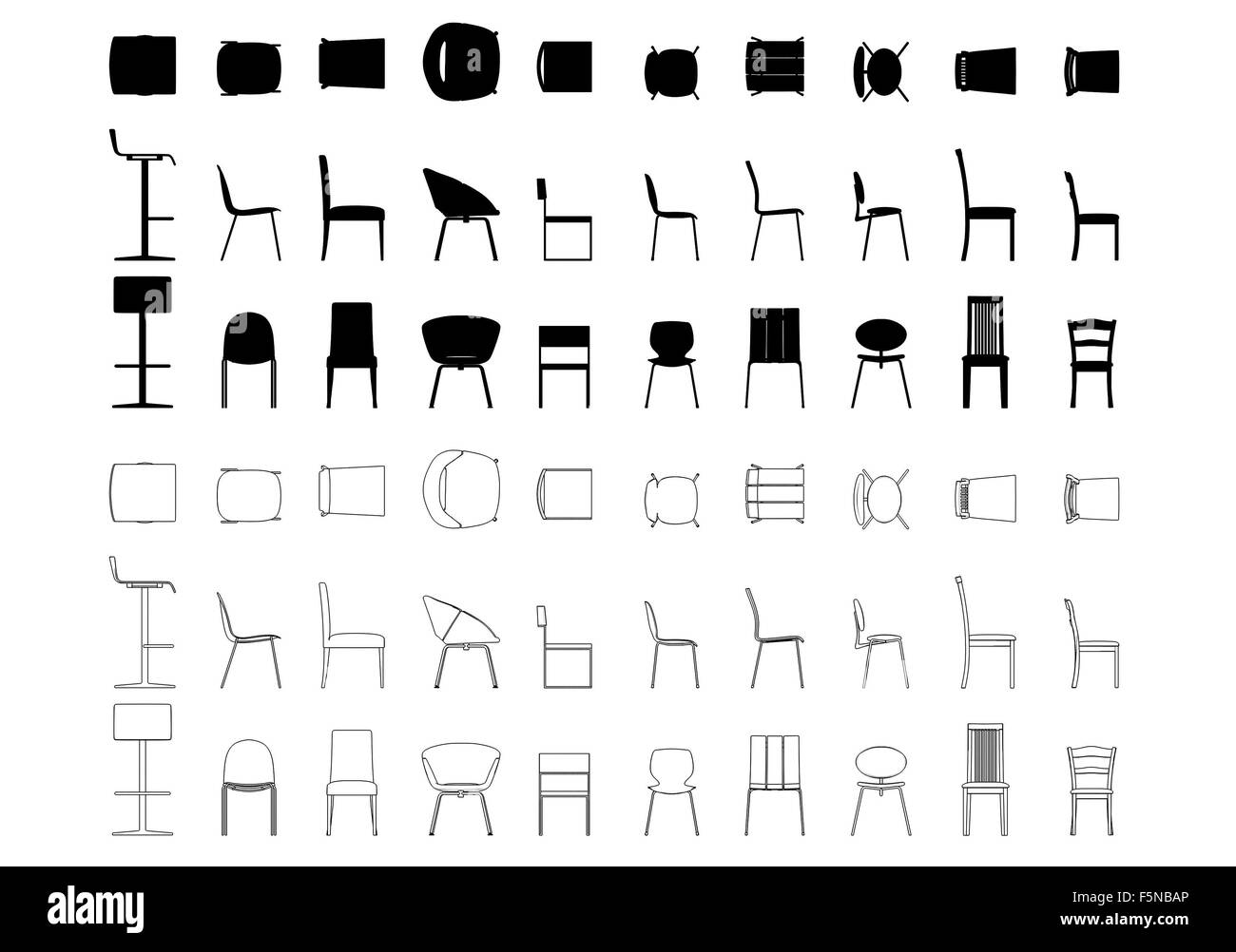 Définir des contours et des silhouettes de dix modèles de chaises sur un fond blanc Banque D'Images