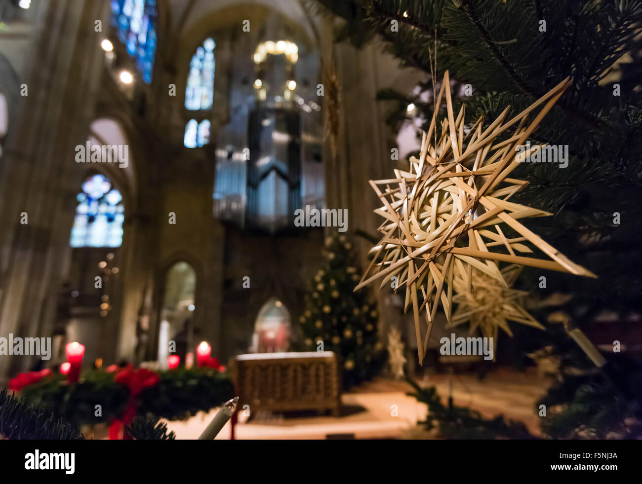 Décoration de Noël à l'intérieur de la cathédrale de Regensburg (Dom) de Saint Pierre, de style gothique monument de Regensburg, Allemagne (Bavière). Banque D'Images